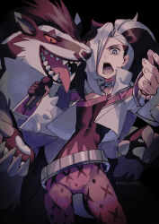 Rule 34 | 1boy, 1other, belt, black background, black hair, claws, collar, commentary, creatures (company), cropped jacket, edo-sama, eyeshadow, game freak, gen 8 pokemon, grey belt, grey eyes, grey eyeshadow, hair over one eye, hand up, highres, holding, holding microphone, jacket, looking at viewer, makeup, male focus, microphone, multicolored hair, nintendo, obstagoon, open mouth, pants, piers (pokemon), pink pants, pink shirt, pokemon, pokemon (creature), pokemon swsh, red eyes, sharp teeth, shirt, simple background, teeth, tongue, tongue out, twitter username, two-tone hair, undercut, white hair, white jacket