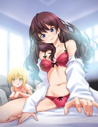 Rule 34 | 10s, 2girls, bare shoulders, bed, blonde hair, blue eyes, blurry, blurry background, bow, bra, brown hair, couch, green eyes, ichinose shiki, idolmaster, idolmaster cinderella girls, jpeg artifacts, kazuma muramasa, long hair, lying, miyamoto frederica, multiple girls, navel, on bed, on stomach, open clothes, open shirt, panties, shirt, short hair, sitting, sitting on person, tongue, tongue out, underwear, window