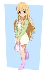 Rule 34 | 1girl, bag, blonde hair, blue eyes, blush, boots, casual, closed mouth, commentary, dress, english commentary, full body, green jacket, hair between eyes, handbag, highres, holding, holding bag, jacket, k-on!, knee boots, kotobuki tsumugi, long hair, long sleeves, open clothes, open jacket, purple footwear, sidelocks, smile, solace, solo, walking, white dress
