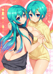Rule 34 | 10s, 2girls, :o, aqua hair, ass, back, backless dress, backless outfit, bare back, bare shoulders, black dress, black sweater, blue eyes, blush, breast press, breasts, bucchake (asami), cleavage, cleavage cutout, closed mouth, clothing cutout, collarbone, cowboy shot, dress, female focus, from behind, gradient hair, green hair, hair between eyes, hair ornament, hairclip, halterneck, holding hands, interlocked fingers, kaitou tenshi twin angel, large breasts, legs together, long hair, looking at viewer, looking back, meme attire, multicolored hair, multiple girls, naked sweater, nine violet, no bra, no panties, open-chest sweater, open mouth, ribbed sweater, short hair, sideboob, sleeveless, sleeveless turtleneck, smile, sweater, sweater dress, symmetrical docking, tesla violet, turtleneck, turtleneck sweater, twin angel, virgin killer sweater