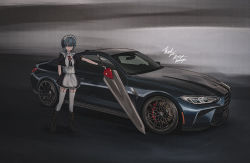 Rule 34 | 1girl, absurdres, apron, black dress, black footwear, blue hair, bmw, bokuya, boots, car, commentary request, commission, dress, green eyes, headphones, heterochromia, highres, holding, holding sword, holding weapon, knee boots, looking at viewer, maid, maid apron, motor vehicle, original, red eyes, red ribbon, ribbon, short hair, short sleeves, solo, sports car, standing, sword, thank you, thighhighs, vehicle focus, vehicle request, weapon, white thighhighs