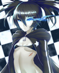 Rule 34 | 10s, 1girl, bikini, bikini top only, black bikini, black hair, black rock shooter, black rock shooter (character), blue eyes, breasts, coat, glowing, glowing eyes, highres, long hair, mizuse kouichi, navel, official style, pale skin, scar, small breasts, solo, swimsuit, twintails, underboob, very long hair