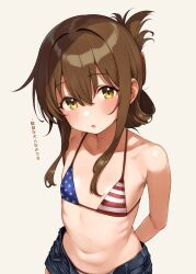 Rule 34 | 1girl, alternate costume, american flag, american flag bikini, american flag print, arms behind back, bikini, bikini under shorts, blush, brown eyes, brown hair, commentary request, flag print, flat chest, folded ponytail, grey background, hair between eyes, inazuma (kancolle), kantai collection, long hair, looking at viewer, navel, open clothes, open mouth, open shorts, print swimsuit, sawamura aoi, short shorts, shorts, solo, swimsuit, translation request