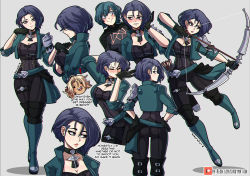 Rule 34 | !, !!, 1boy, 2girls, armor, arrow (projectile), asymmetrical bangs, back, black gloves, blonde hair, blue eyes, blue hair, blush, bow (weapon), breasts, byleth (fire emblem), byleth (male) (fire emblem), catherine (fire emblem), character sheet, choker, cleavage, closed eyes, closed mouth, collarbone, corset, dagger, dark skin, english text, eyes visible through hair, fire emblem, fire emblem: three houses, from behind, from side, gloves, green jacket, grey background, grin, holding, holding bow (weapon), holding weapon, jacket, kinkymation, knife, matching hair/eyes, medium breasts, medium hair, multiple girls, multiple views, nintendo, open clothes, open jacket, patreon username, shamir nevrand, short hair, simple background, sleeves rolled up, smile, standing, thigh strap, watermark, weapon, web address
