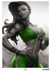 Rule 34 | 1girl, asymmetrical hair, belt, bracelet, breasts, cleavage, crop top, dark skin, dark-skinned female, eyebrows, eyelashes, front-tie top, green theme, hand on own hip, jewelry, large breasts, laura matsuda, lips, long hair, midriff, navel, nose, pants, signature, sleeveless, solo, spot color, stanley lau, street fighter, street fighter v, toned, wavy hair