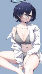 Rule 34 | 1girl, absurdres, black hair, blue archive, bra, breasts, calvin klein, chihiro (blue archive), cleavage, collarbone, collared shirt, crossed bangs, dress shirt, glasses, green eyes, grey bra, grey panties, hair between eyes, halo, highres, large breasts, long sleeves, looking at viewer, navel, open clothes, open shirt, panties, ryusei (ster0629), shirt, short hair, solo, standing, stomach, underwear, underwear writing, white shirt, wing collar