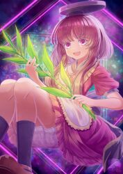 1girl :d artist_name black_hat black_socks bloomers bow brown_footwear brown_hair dress hat highres holding holding_leaf leaf myouga_(plant) nishida_satono open_mouth pink_dress pink_eyes short_hair_with_long_locks short_sleeves sitting smile socks touhou underwear white_bloomers wuze_zeei