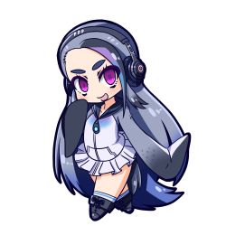 Rule 34 | 10s, 1girl, :d, black hair, blue hair, blush, chibi, full body, giant penguin (kemono friends), headphones, jacket, kemono friends, long hair, looking at viewer, multicolored hair, nanarokushiki, no nose, open mouth, purple eyes, silver hair, simple background, skirt, smile, solo, thick eyebrows, transparent background, very long hair, white background