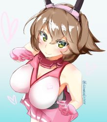 Rule 34 | 1girl, alternate color, aqua background, bare shoulders, breasts, brown hair, from above, gloves, gradient background, green eyes, headgear, heart, kantai collection, large breasts, looking at viewer, looking up, mani oniniku, miniskirt, mutsu (kancolle), pink gloves, pink skirt, player 2, short hair, simple background, skirt, smile, solo, twitter username, white background