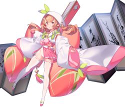 Rule 34 | 1girl, anpolly, bad leg, brown hair, chestnut mouth, detached sleeves, folding fan, folding screen, full body, hand fan, highres, long hair, looking at viewer, medallion, pink eyes, pink skirt, ribbon-trimmed legwear, ribbon trim, screen, skirt, solo, standing, twintails, white background, white headwear, white legwear, wide sleeves