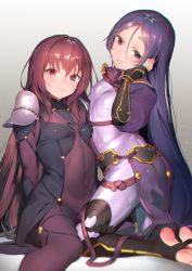 Rule 34 | 2girls, :&gt;, aged down, arm guards, armor, blush, bodysuit, chromatic aberration, closed mouth, covered navel, fate/grand order, fate (series), fingerless gloves, flower, gloves, gradient background, grey background, hair between eyes, hand on own cheek, hand on own face, hand up, hibiscus, jagayamatarawo, long hair, looking at viewer, minamoto no raikou (fate), multiple girls, navel, pauldrons, pelvic curtain, purple bodysuit, purple eyes, purple hair, red eyes, scathach (fate), shoulder armor, sidelocks, simple background, single toe, smile, toeless legwear, toes, tsurime, very long hair