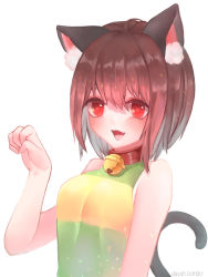 Rule 34 | 1girl, :3, animal ears, bell, brown hair, cat ears, cat tail, chara (undertale), collar, dayuh, neck bell, open mouth, paw pose, red eyes, shirt, simple background, sleeveless, sleeveless shirt, solo, spoilers, striped clothes, striped shirt, tail, undertale, upper body, watermark, web address, white background