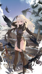 Rule 34 | 1girl, absurdres, animal, arms up, arrow (projectile), bare shoulders, belt, bird, black dress, black panties, blue eyes, breasts, brown thighhighs, cart, cirilla lin, commission, crow, detached sleeves, dress, highleg, highres, long hair, long sleeves, looking at viewer, medium breasts, motion blur, multiple belts, open mouth, original, outdoors, panties, pelvic curtain, pixiv commission, planted, planted sword, planted weapon, scarf, side-tie panties, side-tie peek, solo, standing, sword, thighhighs, thighs, tundra, underwear, weapon, white hair