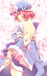 Rule 34 | 1girl, back, blue hat, blush, bow, breasts, frilled sleeves, frills, hat, head tilt, highres, japanese clothes, kimono, looking at viewer, looking back, mob cap, neck ribbon, non (z-art), open mouth, petals, pink eyes, pink hair, purple bow, purple ribbon, ribbon, saigyouji yuyuko, shoulder blades, sideboob, solo, touhou, triangular headpiece, undressing, veil, wide sleeves