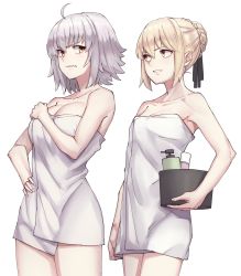 Rule 34 | 2girls, ahoge, artoria pendragon (all), artoria pendragon (fate), bare shoulders, black ribbon, blonde hair, braid, breasts, cleavage, clenched teeth, collarbone, eye contact, fate/apocrypha, fate/grand order, fate/stay night, fate (series), fingernails, hair between eyes, hair bun, hair ribbon, hand on own hip, holding, jeanne d&#039;arc (fate), jeanne d&#039;arc alter (avenger) (fate), jeanne d&#039;arc alter (fate), large breasts, looking at another, looking to the side, medium breasts, michihasu, multiple girls, naked towel, parted lips, ribbon, saber alter, shampoo bottle, short hair, sidelocks, silver hair, simple background, single hair bun, standing, teeth, towel, white background, yellow eyes