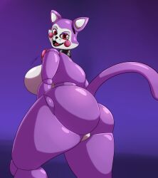 Rule 34 | 1girl, 2019, absurdres, animal ears, animatronic, ass, bad tag, big breasts, blue background, bow, bowtie, breasts, cat ears, cat girl, cat tail, cindy (fnac), colored skin, eyelashes, eyeshadow, fazbear fanverse, five nights at candy&#039;s, hb-viper, highres, long tail, looking at viewer, looking back, machine, magenta bowtie, magenta cheeks, magenta eyes, makeup, nude, open mouth, purple eyeshadow, purple fur, purple skin, rear-view, red cheeks, red eyes, robot, robot girl, sharp teeth, simple background, smile, solo, tail, teeth, thick thighs, thighs, two-tone fur, white fur