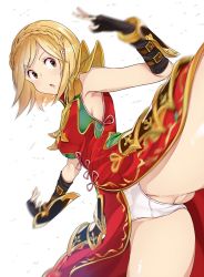 Rule 34 | &gt;:o, 10s, 1girl, :o, amami amayu, arm belt, arm guards, armor, armpits, bare shoulders, black gloves, blonde hair, blurry, blush, braid, brown eyes, china dress, chinese clothes, depth of field, djeeta (granblue fantasy), dress, elbow gloves, eyebrows, eyelashes, faulds, fingerless gloves, gloves, gluteal fold, granblue fantasy, kicking, lace, lace-trimmed panties, lace trim, legs up, motion blur, outstretched arms, panties, pantyshot, parted lips, red dress, shiny skin, simple background, single braid, sleeveless, sleeveless dress, solo, standing, standing on one leg, tareme, thighs, underwear, upskirt, v-shaped eyebrows, white background