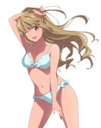 Rule 34 | 1girl, ;d, aiba asagi, arm over head, bikini, blonde hair, breasts, cleavage, collarbone, commentary request, cowboy shot, earrings, floating hair, front-tie bikini top, front-tie top, highres, jewelry, medium breasts, navel, one eye closed, open mouth, red eyes, sano keiichi, side-tie bikini bottom, simple background, smile, solo, stomach, strike the blood, stud earrings, swimsuit, teeth, white background, white bikini