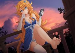 Rule 34 | 1girl, ahoge, ass, babydoll, bare shoulders, barefoot, blonde hair, blue eyes, braid, brand name imitation, breasts, can, cleavage, cloud, cloudy sky, collarbone, dutch angle, elbow gloves, energy drink, feet, flower, gloves, hair between eyes, hair flower, hair ornament, hands up, head rest, highres, holding, holding can, kazenokaze, knee up, large breasts, lingerie, long hair, looking at viewer, messy hair, navel, nijisanji, otogibara era, outdoors, panties, parted lips, single thighhigh, sky, smile, solo, thighhighs, thighs, twilight, underwear, underwear only, very long hair, virtual youtuber, white gloves, white panties, white thighhighs