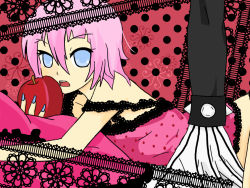 Rule 34 | androgynous, apple, bed, black skin, blue eyes, blue nails, colored skin, crona (soul eater), food, fruit, gender request, gloves, hair between eyes, lingerie, lying, nail polish, off shoulder, on bed, on stomach, open mouth, pajamas, parody, pillow, pink hair, ragnarok (demon sword), romeo to cinderella (vocaloid), short hair, soul eater, spikes, strap slip, striped clothes, striped gloves, underwear, vocaloid, wristband
