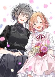 2girls asanagi_yori black_hair black_shirt black_skirt blush bouquet braid closed_eyes collared_shirt commentary_request cover cover_page crossed_bangs dress dress_shirt falling_petals flower hair_between_eyes hair_intakes highres holding holding_bouquet kino_himari long_hair looking_at_viewer manga_cover multiple_girls neck_ribbon official_art open_mouth orange_hair parted_bangs petals pinafore_dress pink_dress puffy_short_sleeves puffy_sleeves red_ribbon ribbon sasayaku_you_ni_koi_wo_utau second-party_source shirt short_hair short_sleeves side_braid sidelocks sitting skirt sleeveless sleeveless_dress smile takeshima_eku textless_version white_dress