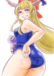 Rule 34 | 1girl, adjusting clothes, adjusting swimsuit, armpit peek, ass, bare arms, bare shoulders, blonde hair, bow, cowboy shot, from behind, gourd, grin, hair bow, half-closed eyes, highres, holding, horn ornament, horn ribbon, horns, ibuki suika, lips, long hair, looking at viewer, looking back, one-piece swimsuit, oni, red eyes, ribbon, seductive smile, shiraue yuu, simple background, smile, solo, standing, swimsuit, touhou, white background