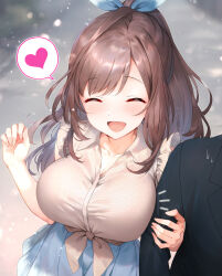 Rule 34 | 1boy, 1girl, ^ ^, arm hug, blue skirt, blurry, blurry background, blush, breasts, brown hair, cleavage cutout, closed eyes, clothing cutout, collarbone, heart, highres, idolmaster, idolmaster shiny colors, large breasts, out of frame, outdoors, patterned clothing, pleated skirt, producer (idolmaster), qianlou (qianlou12374), shirt, skirt, smile, solo focus, spoken heart, sweatdrop, tsukioka kogane, upper body, white shirt