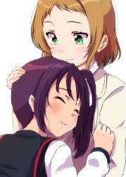 Rule 34 | 2girls, brown hair, clenched hand, closed eyes, comforting, commentary request, crying, green eyes, hair ribbon, hand on another&#039;s chest, hand on another&#039;s head, in-franchise crossover, kazuno sarah, kira tsubasa, long sleeves, love live!, love live! school idol project, love live! sunshine!!, multiple girls, purple hair, ribbon, sen (sen0910), short hair, side ponytail, upper body, white background, white ribbon