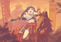 Rule 34 | 1girl, alternate hairstyle, animal, architecture, arm at side, armor, armpits, banner, bike shorts, black gloves, blunt bangs, breasts, building, bush, clothes down, commentary, earrings, east asian architecture, elbow gloves, evening, fingerless gloves, floating hair, gloves, hairband, hand up, horse, horseback riding, japanese armor, japanese clothes, jewelry, kimono, kote, kusazuri, long hair, looking at viewer, lostastronaut, muneate, nobori, official alternate costume, open mouth, outdoors, outstretched arm, ponytail, purple eyes, purple hair, red hairband, red kimono, reins, riding, rope, rope necklace, sarashi, shoujo kageki revue starlight, shoujo kageki revue starlight -re live-, shoulder armor, sidelocks, single bare shoulder, small breasts, sode, solo, tassel, tassel earrings, tsuyuzaki mahiru, v-shaped eyebrows