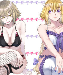 Rule 34 | 2girls, black bra, black panties, blonde hair, blue nails, bow, bra, braid, braided ponytail, breasts, cameltoe, cleavage, clenched teeth, closed mouth, collarbone, covered erect nipples, fate/grand order, fate (series), fishnet legwear, fishnets, frilled bra, frilled panties, frills, hair between eyes, hair bow, heart, highres, jeanne d&#039;arc (fate), jeanne d&#039;arc (ruler) (fate), jeanne d&#039;arc alter (avenger) (fate), jeanne d&#039;arc alter (fate), large breasts, long hair, looking to the side, mai0124, multiple girls, nail polish, panties, ponytail, purple bow, purple eyes, red nails, red ribbon, ribbon, short hair, sideboob, silver hair, sitting, smile, teeth, underwear, underwear only, very long hair, white background, white bra, white legwear, yellow eyes