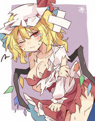 Rule 34 | 1girl, alternate breast size, blonde hair, blush, breasts, closed mouth, collarbone, commentary request, cowboy shot, crystal, crystal wings, dress, flandre scarlet, hat, highres, long sleeves, looking at viewer, medium breasts, minoru minoru, mob cap, one eye closed, one side up, puffy long sleeves, puffy sleeves, red dress, red eyes, ribbon-trimmed headwear, ribbon trim, short hair, slit pupils, torn clothes, touhou, white headwear, wings
