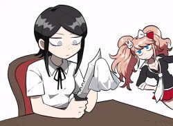 Rule 34 | 2girls, animated, animated gif, black hair, blinking, blonde hair, blue eyes, blush, bow, breasts, cleaning, cleaning knife, cleavage, danganronpa: trigger happy havoc, danganronpa (series), ears, enoshima junko, freckles, grey eyes, hair bow, hair ornament, holding, holding knife, holding weapon, ikusaba mukuro, knife, long hair, looking at another, looking down, multicolored bow, multiple girls, parted hair, polishing, rabbit hair ornament, red bow, siblings, simple background, sisters, sitting, smile, standing, star (symbol), twins, twintails, weapon, white background, white bow