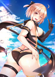 Rule 34 | ahoge, akazawa kureha, armband, asymmetrical gloves, bikini, black bikini, black bow, black gloves, black scarf, blue sky, bow, breasts, carrying over shoulder, cloud, commentary request, fate/grand order, fate (series), gloves, hair bow, highleg, highleg bikini, katana, large breasts, multi-strapped bikini, okita j. souji (fate), okita j. souji (first ascension) (fate), okita souji (fate), okita souji (koha-ace), one eye closed, scarf, sheath, sheathed, sideboob, single glove, skindentation, sky, solo, swimsuit, sword, thigh strap, thighhighs, uneven gloves, v, water drop, weapon, yellow eyes