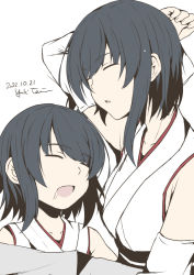 Rule 34 | 2girls, aged down, arm behind head, artist name, black hair, closed eyes, dated, detached sleeves, drooling, highres, japanese clothes, kantai collection, kimono, mouth drool, multiple girls, open mouth, short hair, side-by-side, simple background, sleeping, snoring, taira yuuki, white background, yamashiro (kancolle)