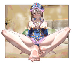 Rule 34 | absurdres, areola slip, arm support, atelier (series), atelier totori, bag, bare shoulders, between breasts, blue dress, blue headwear, blue panties, blush, border, breasts, brown eyes, brown hair, collarbone, commentary request, detached hood, detached sleeves, dress, feet, foot focus, foreshortening, full body, gold trim, highres, kikimifukuri, knees apart feet together, long hair, looking at viewer, medium breasts, nose blush, off-shoulder dress, off shoulder, panties, photo background, reclining, shoulder bag, smile, soles, spread legs, steaming body, strap between breasts, sweat, thighs, toes, totooria helmold, underwear, white border