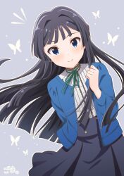 Rule 34 | 1girl, arm behind back, black hair, blue cardigan, blue eyes, blue skirt, blush, butterfly background, cardigan, center frills, clenched hand, closed mouth, commentary request, cowboy shot, floating hair, frills, goma konbu, green ribbon, grey background, hair intakes, hand up, highres, idolmaster, idolmaster million live!, leaning to the side, long hair, long sleeves, looking at viewer, mogami shizuka, neck ribbon, notice lines, open cardigan, open clothes, outline, ribbon, shirt, shirt tucked in, sidelocks, skirt, smile, solo, translation request, very long hair, white outline, white shirt