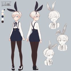 Rule 34 | 1girl, animal ears, black neckwear, black pantyhose, blue eyes, collage, commentary request, fake animal ears, full body, grey background, high-waist shorts, high heels, highres, long sleeves, looking at viewer, multiple views, neck ribbon, original, pantyhose, puffy shorts, rabbit ears, razi, ribbon, shirt, shoes, short hair, shorts, silver hair, suspender shorts, suspenders, two-tone footwear, very short hair, white shirt