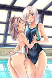 Rule 34 | 2girls, absurdres, alternate costume, ass, blue eyes, blue one-piece swimsuit, breasts, brown eyes, butt crack, competition swimsuit, grabbing, grabbing another&#039;s breast, grey hair, hair ornament, hair over one eye, hairclip, hamakaze (kancolle), high ponytail, highleg, highleg swimsuit, highres, kantai collection, large breasts, long hair, multiple girls, one-piece swimsuit, poolside, rei no pool, sarfata, short hair, small breasts, striped clothes, striped one-piece swimsuit, swimsuit, vertical-striped clothes, vertical-striped one-piece swimsuit, wedgie, white one-piece swimsuit, zuihou (kancolle)