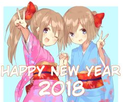 Rule 34 | 2018, 2girls, blue eyes, blush, brown hair, buran buta, english text, flat chest, hair ornament, happy new year, holding hands, japanese clothes, long hair, multiple girls, neptune (series), new year, one eye closed, open mouth, ram (neptunia), rom (neptunia), short hair, siblings, simple background, sisters, smile, twins, v