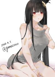 Rule 34 | 1girl, alternate costume, artist name, backless dress, backless outfit, bad id, bad pixiv id, bandaid, black hair, commentary request, dated, dress, fusou (kancolle), grey sweater, hair ornament, kantai collection, kneeling, long hair, meme attire, naked sweater, neko (ganecooo), red eyes, ribbed sweater, simple background, sitting, sleeveless, sleeveless sweater, solo, sweater, sweater dress, turtleneck, turtleneck sweater, virgin killer sweater, wariza, white background