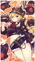 1girl blonde_hair boar boar_mask club_(weapon) combat_helmet cropped_jacket denim denim_shorts gloves gogatsu_no_renkyuu half_gloves helmet highres holding holding_club holding_weapon luciana_de_montefio midriff navel orange_background over_shoulder pickelhaube red_eyes shorts side_ponytail thighs weapon weapon_over_shoulder zenless_zone_zero