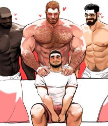 Rule 34 | 4boys, abs, bara, beard, black eyes, black hair, blush, couch, dark-skinned male, dark skin, dopey (dopq), closed eyes, facial hair, hairy, heart, highres, large pectorals, looking at viewer, male focus, manly, mature male, multiple boys, muscular, muscular male, navel, navel hair, nipples, original, pectorals, pillow, red hair, shirt, shorts, sitting, size difference, smile, t-shirt, topless male, towel, towel around waist, yaoi