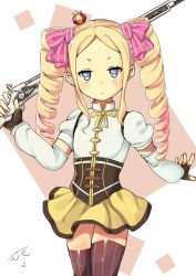 Rule 34 | 10s, 1girl, absurdres, bad id, bad pixiv id, beatrice (re:zero), blonde hair, blue eyes, bug, butterfly, butterfly-shaped pupils, color connection, corset, cosplay, crown, detached sleeves, drill hair, fingerless gloves, gloves, gun, hair ribbon, highres, insect, long hair, looking at viewer, mahou shoujo madoka magica, mahou shoujo madoka magica (anime), mini crown, mugipot, over shoulder, re:zero kara hajimeru isekai seikatsu, ribbon, skirt, solo, striped clothes, striped thighhighs, symbol-shaped pupils, thighhighs, tomoe mami, tomoe mami (cosplay), twin drills, vertical-striped clothes, vertical-striped thighhighs, weapon, weapon over shoulder