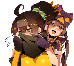 Rule 34 | 2girls, :3, ahoge, blush, brown eyes, brown hair, covering face, duel monster, fingerless gloves, forehead protector, gloves, green eyes, hand up, hat, high ponytail, highres, i:p masquerena, long hair, multiple girls, open mouth, pointing, ponytail, purple eyes, ro g (oowack), s-force rappa chiyomaru, s:p little knight, scarf, scarf over mouth, short sleeves, simple background, smile, white background, yu-gi-oh!