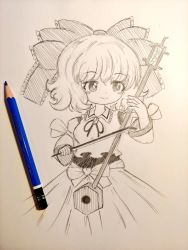 Rule 34 | 1girl, bow, bow (music), breasts, cowboy shot, detached sleeves, erhu, hair bow, instrument, japanese clothes, long sleeves, miko, music, pencil, satsuki rin, simple background, smile, solo, therealmightyv, touhou, traditional media