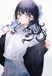 Rule 34 | 1girl, :o, black hair, blue eyes, blush, bow, breasts, collared shirt, gradient background, grey skirt, hair bow, highres, leaning back, looking at viewer, medium breasts, original, school uniform, shia job, shirt, shirt tucked in, skirt, solo, white bow, white shirt