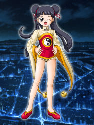 Rule 34 | 1990s (style), 1girl, bare legs, bell, black hair, cardcaptor sakura, child, chinese clothes, city, cityscape, d-ten, double bun, hair bun, hands on own hips, jingle bell, li meiling, long hair, looking at viewer, night, one eye closed, outdoors, retro artstyle, solo, twintails, wink, yin yang