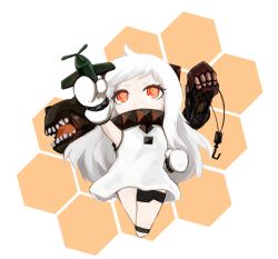 Rule 34 | 10s, 1girl, abyssal ship, aircraft, airplane, chibi, colored skin, coolnova, dress, holding, horns, kantai collection, long hair, looking at viewer, machinery, mittens, northern ocean princess, red eyes, solo, white dress, white hair, white skin