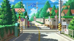Rule 34 | blue sky, cable, chinese commentary, cityscape, cloud, commentary request, day, house, no humans, original, plant, railroad crossing, railroad tracks, road, road sign, scenery, shade, sign, sky, sunlight, tree, utility pole, village, xingzhi lv