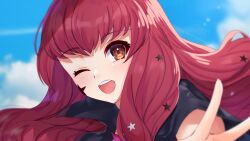 Rule 34 | 1girl, black cape, blush, cape, edamameoka, facial mark, fire emblem, fire emblem engage, hair ornament, highres, long hair, looking at viewer, nintendo, one eye closed, open mouth, red eyes, red hair, sky, smile, solo, star (symbol), star facial mark, star hair ornament, v, yunaka (fire emblem)